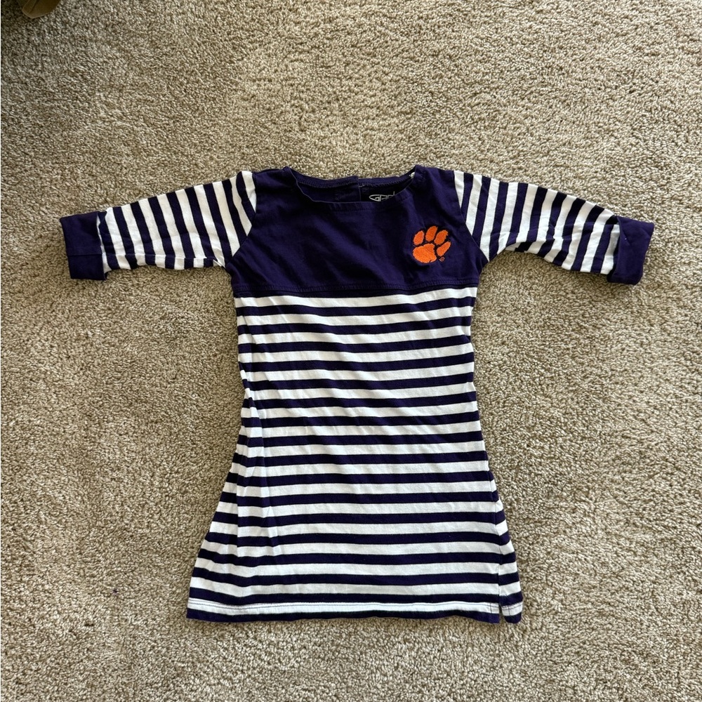 Striped Purple and White Dress with embroidered Clemson Paw